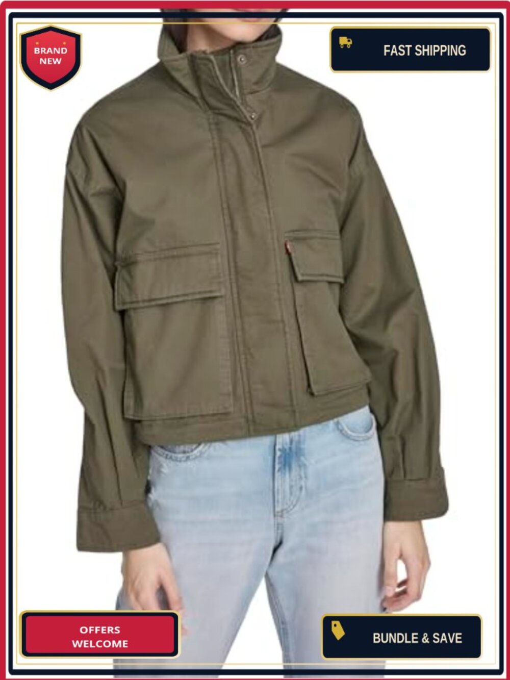 Cropped Cotton Surplus Jacket Snap Front Pockets Zip Closure